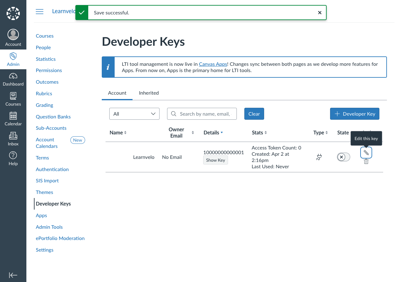 Canvas Developer Key with Client ID