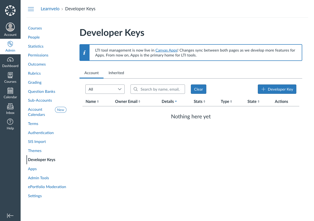 Canvas Developer Keys page
