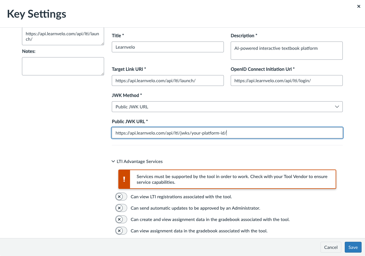 Canvas LTI Key - required values