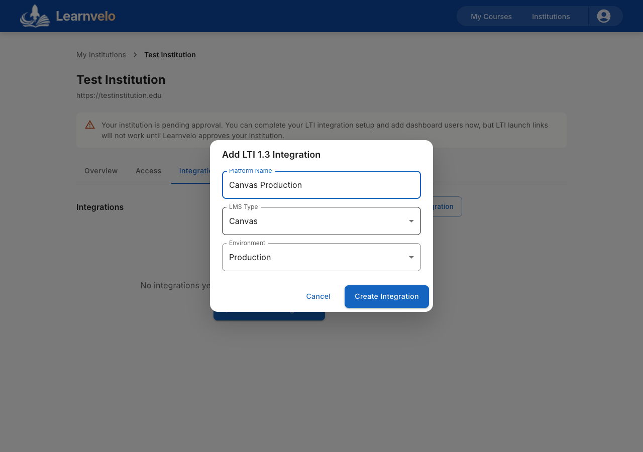 Learnvelo add integration dialog