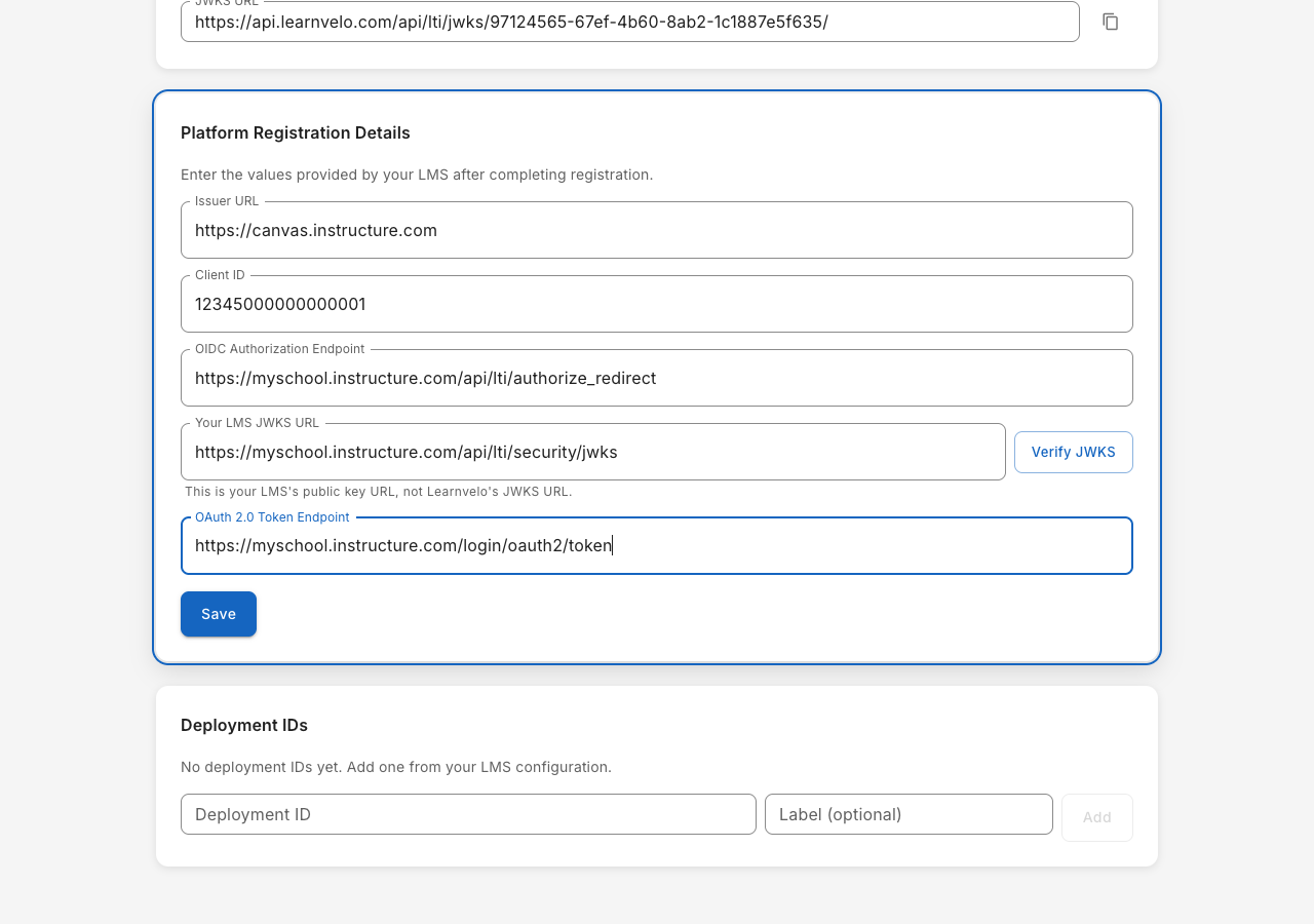 Learnvelo registration details for Canvas